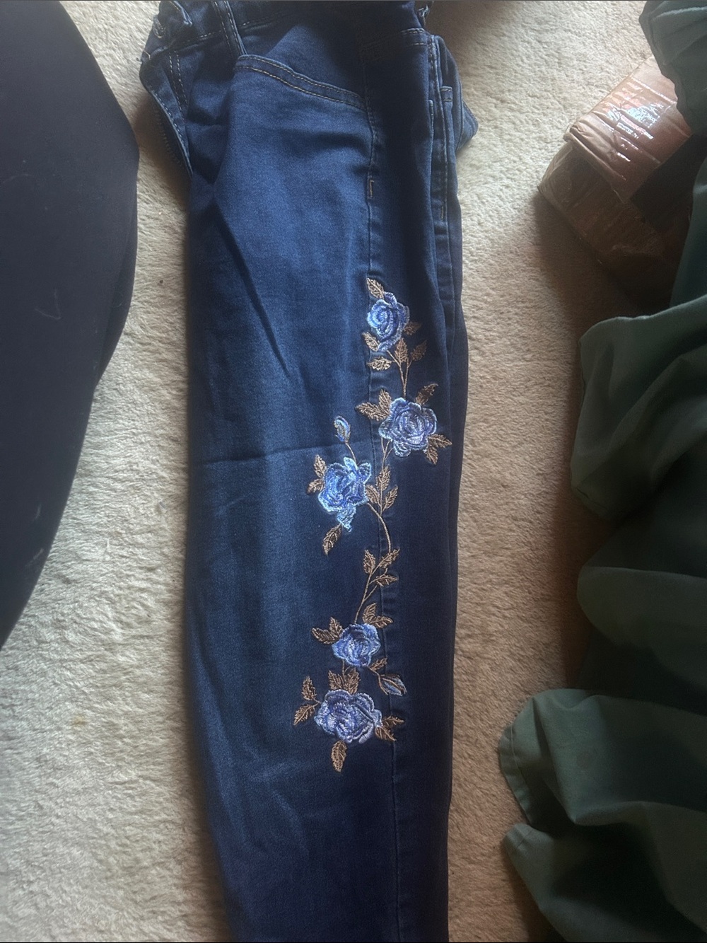 Dark Blue Women's Jeans with Blue Rose Embroidery